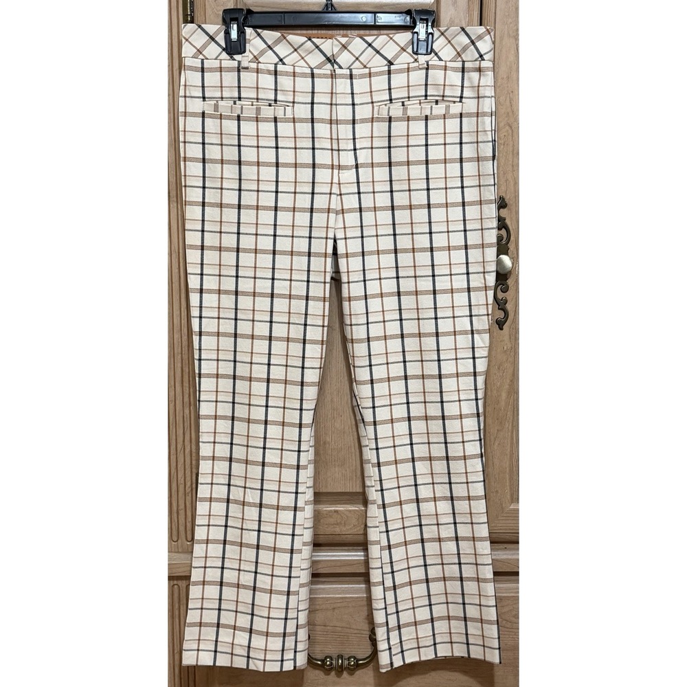 ANTHROPOLOGIE The Essential Crop Flare Pants Trouser Size 12 Cream Plaid Stretch